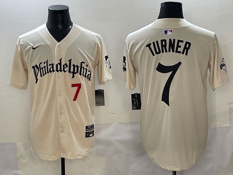 Men 2025 Philadelphia Phillies #7 Turner Cream Five generations Joint Name Nike MLB Jersey style 3